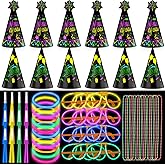 Hollowfly 88 Pcs 2026 New Year Eve Party Supplies for 12 Guest Glow in The Dark Party Supplies Neon Hats Necklace Glow Glasses Necklace Fringed Noisemaker Sticks for Happy New Year Eve Neon Decor