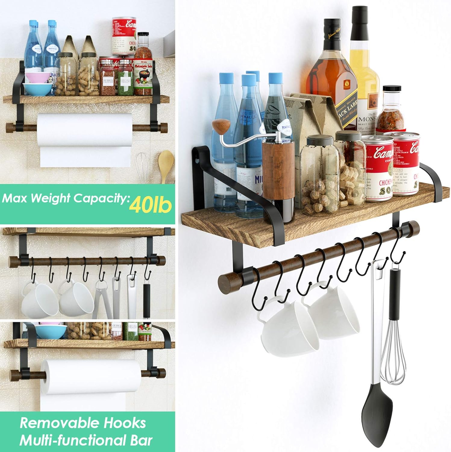 Love-KANKEI Floating Shelf Wall Shelf for Storage Rustic Wood Kitchen Spice Rack with Towel Bar and 8 Removable Hooks for Organize Cooking Utensils or Mugs Carbonized Black: Kitchen & Dining