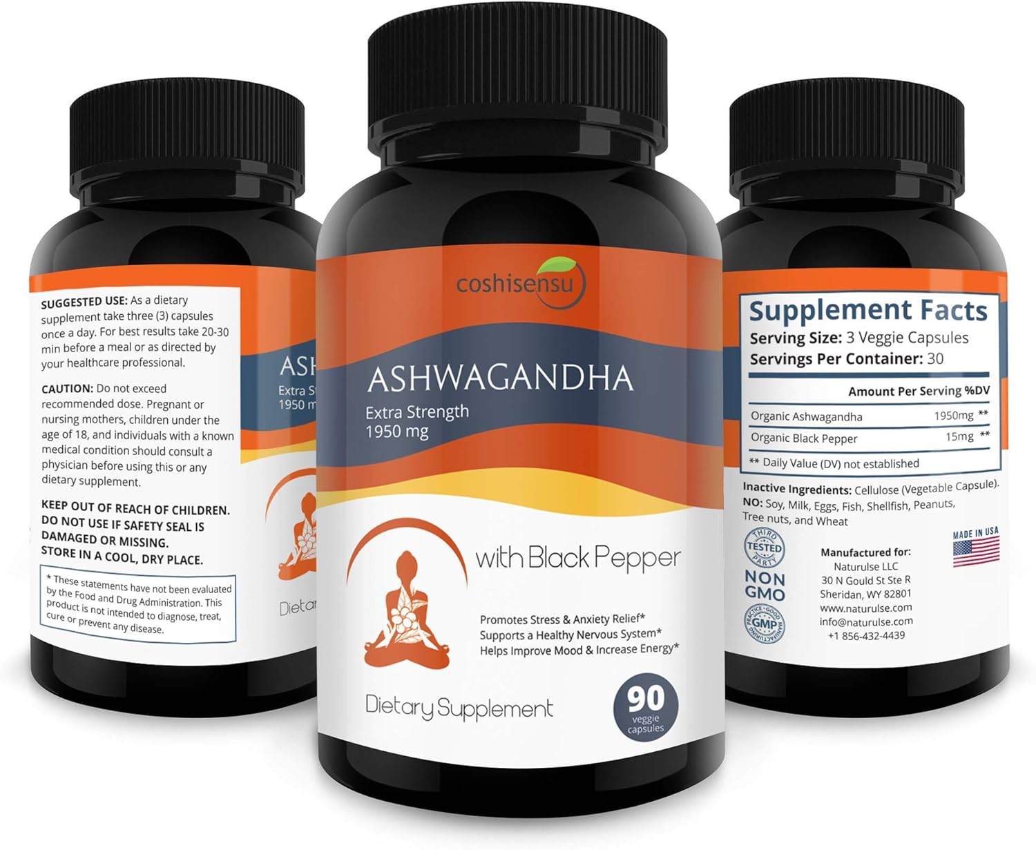 Ashwagandha Organic Capsules 1950mg with Black Pepper - Ashwagandha Extract Root - Stress Relief - Anti Anxiety - Mood Enhancer - Organic Ashwagandha Root Powder Extract - 90 Vegan Capsules: Health & Personal Care
