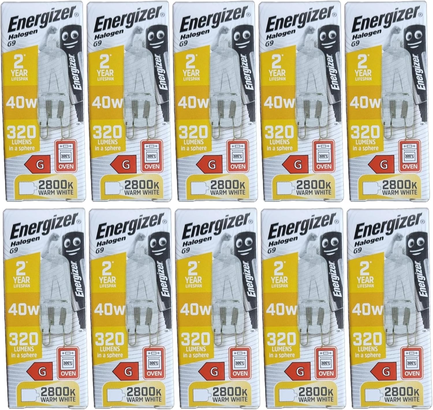 Energizer G9 Bulbs 40w G9 Halogen Bulbs. Warm White. Pack of 10. Dimmable. Suitable for Light Fittings, Oven, Wax Burner, Salt lamp etc