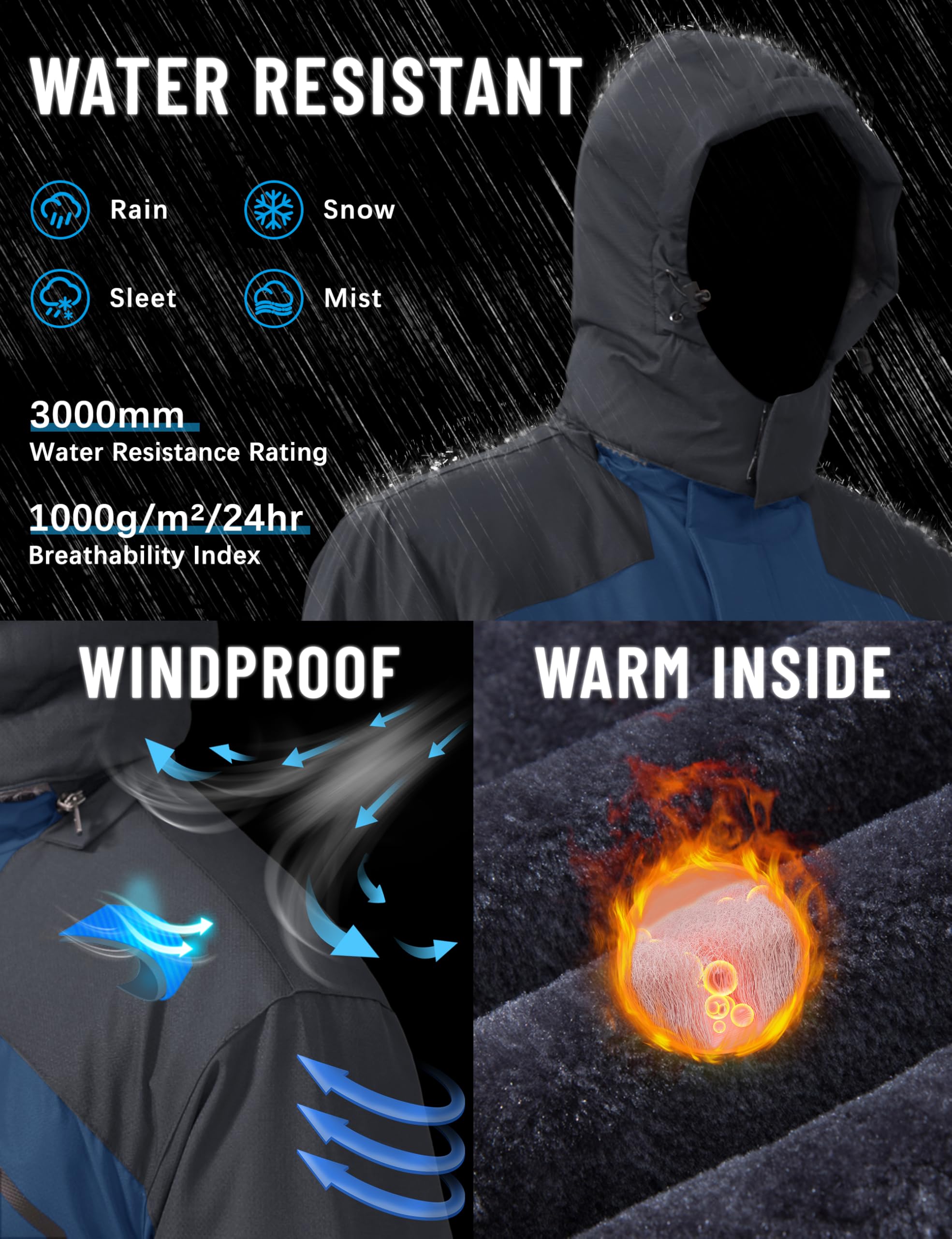 TACVASEN Men's Winter Skiing Jackets Water Resistant Fleece Coats Insulated Thermal Snowboard Jacket Parka Raincoat with Hood