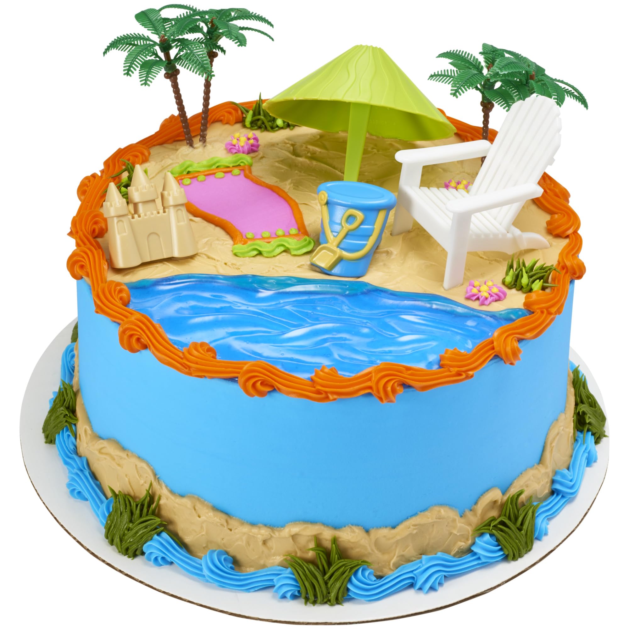 DecoSet® Beach Chair and Umbrella Tropical Beach Cake Decoration, 6 Piece Cake Topper Set, Palm Trees, Deck Chair, Beach Umbrella, Sand Castle and Bucket, Food Safe,