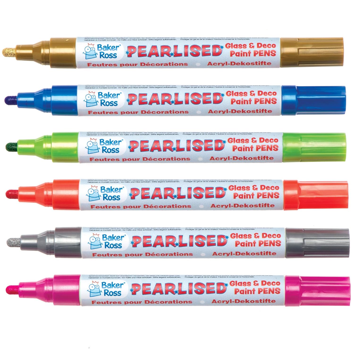 Baker Ross AT485 Glass Paint Markers Pack of 6, Pearl Finish Marker