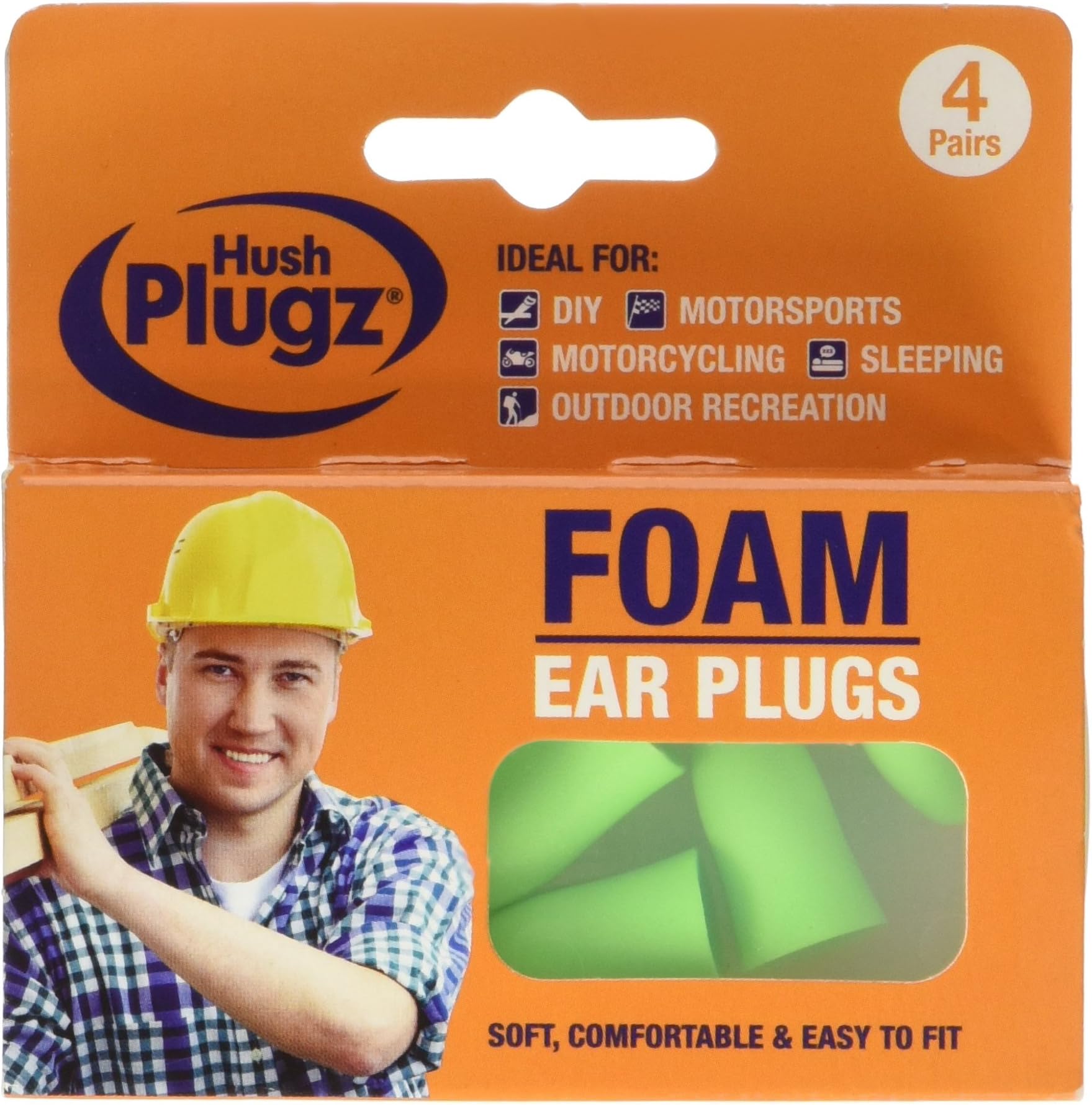 Hush Plugz Green Foam Earplugs - Pack of 4pr