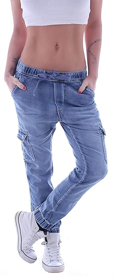 Damen Cargojeans Cargohose Cargo Jeans Hüftjeans Boyfriend Taschen Stretch