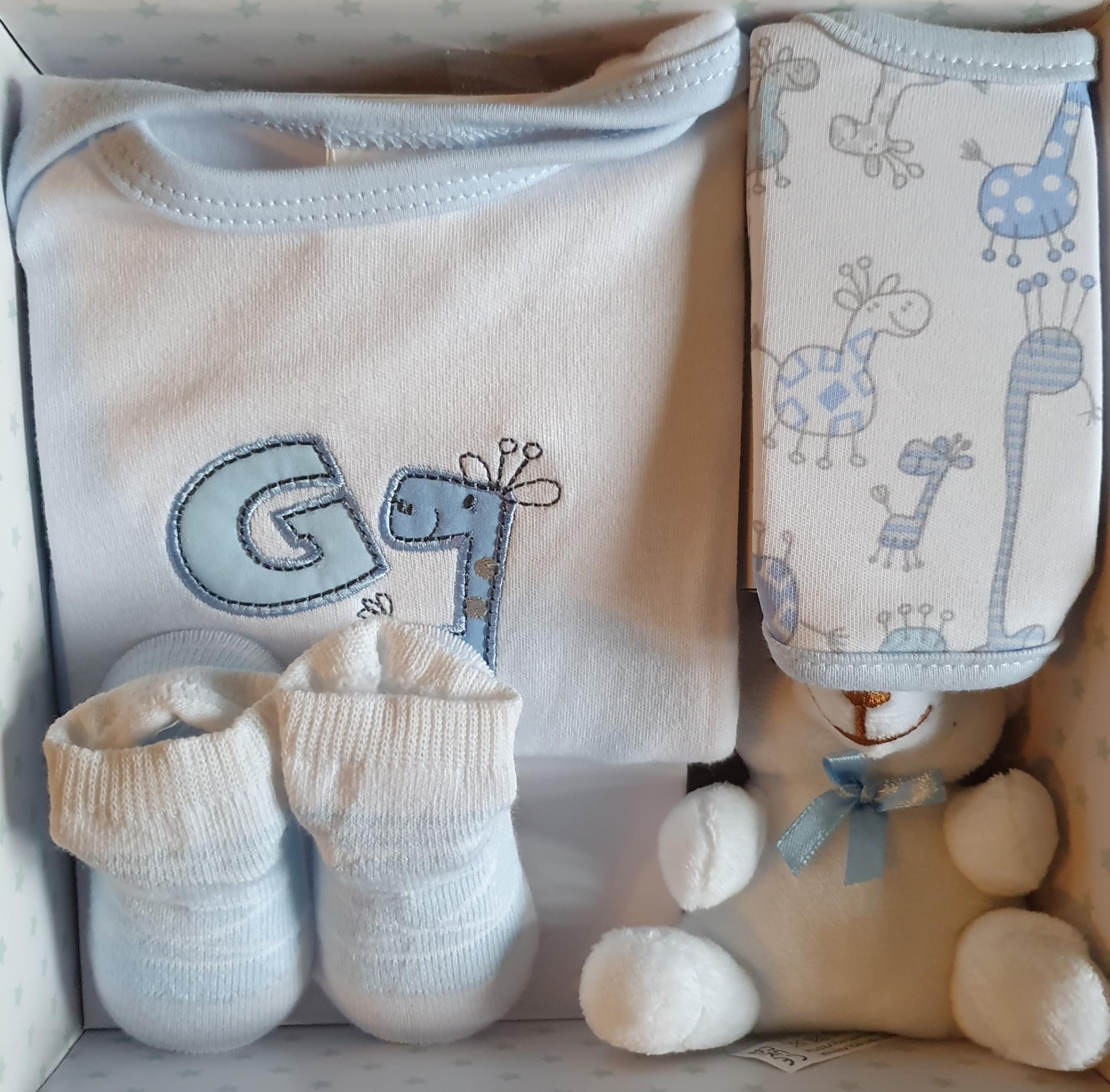 Newborn Baby Gift Set with Bodysuit, Bib, Toy, Socks in a Gift Box, 0 - 3 Months.
