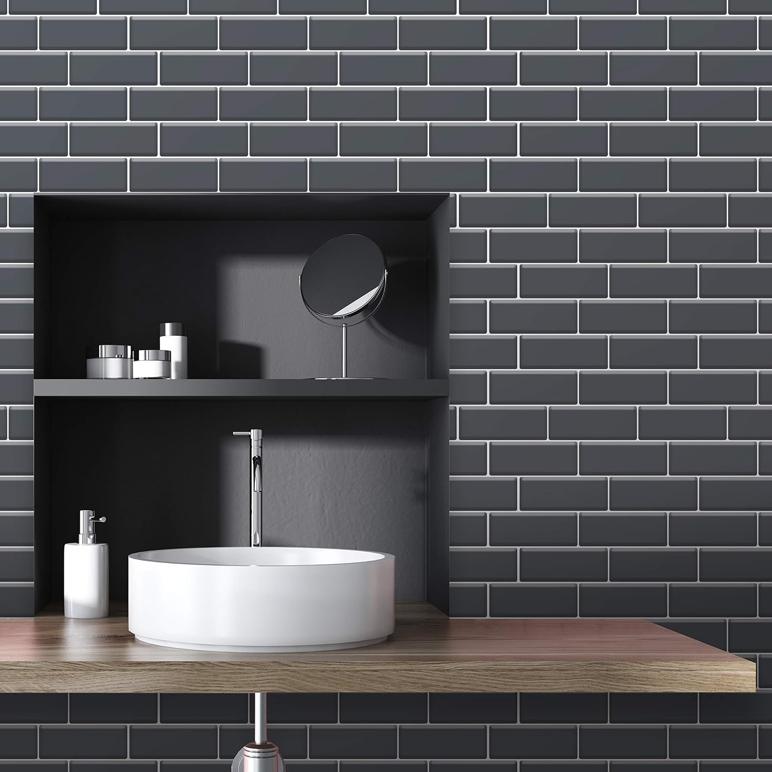 WALPLUS 3D Tile Stickers Peel and Stick Backsplash Splashback Decals Tile Transfer for Kitchen Bathroom Living Room Stick on Tile Waterproof Elegant Dark Grey 12 Sheets 30.5cm(12") - Image 4