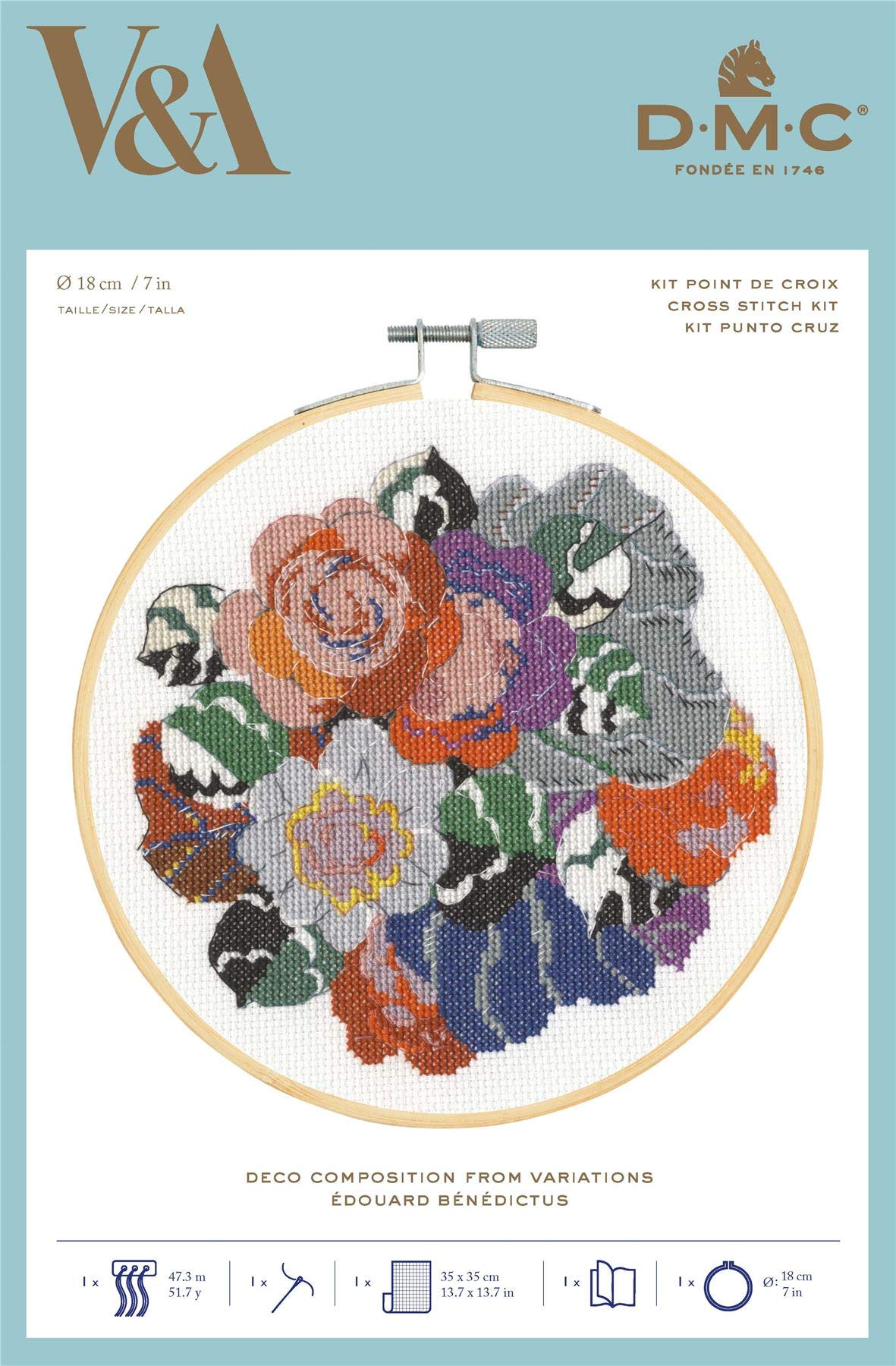DMC Deco Composition Cross Stitch Kit, Includes 14 ct White Aida, Threads, Needle, Hoop, Charts and Instructions