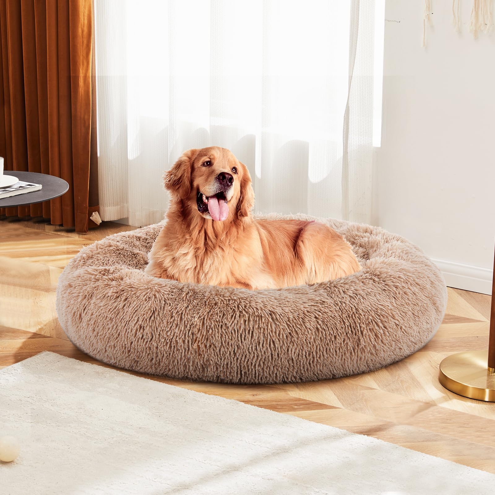 DUMOS 37.4x37.4 Inch Calming Donut Dog Beds for Large Dogs, Machine Washable Cuddler Warming Cozy Fluffy Faux Fur Plush Round Pet Bed Medium Sized Bed for Indoor Dogs and Cats, Brown Image