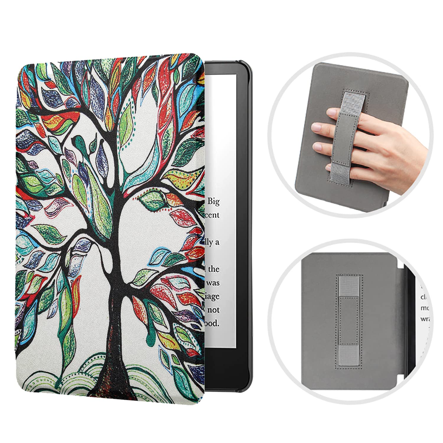 SCSVPN Case for Kindle Paperwhite - Slim Durable PU Leather Sleeve Cover with Hand Strap, Auto Sleep/Wake - Only fits 6.8'' Kindle Paperwhite 11th Generation & Signature Edition 2021 (Happy Tree)