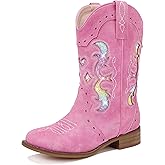 LAURMOSA Kids Cowgirl Boots for Girls Western Square Toe Girls Sparkle Boots Zipper Mid Calf Low Heel Horse Riding for Toddler Little Big Kids