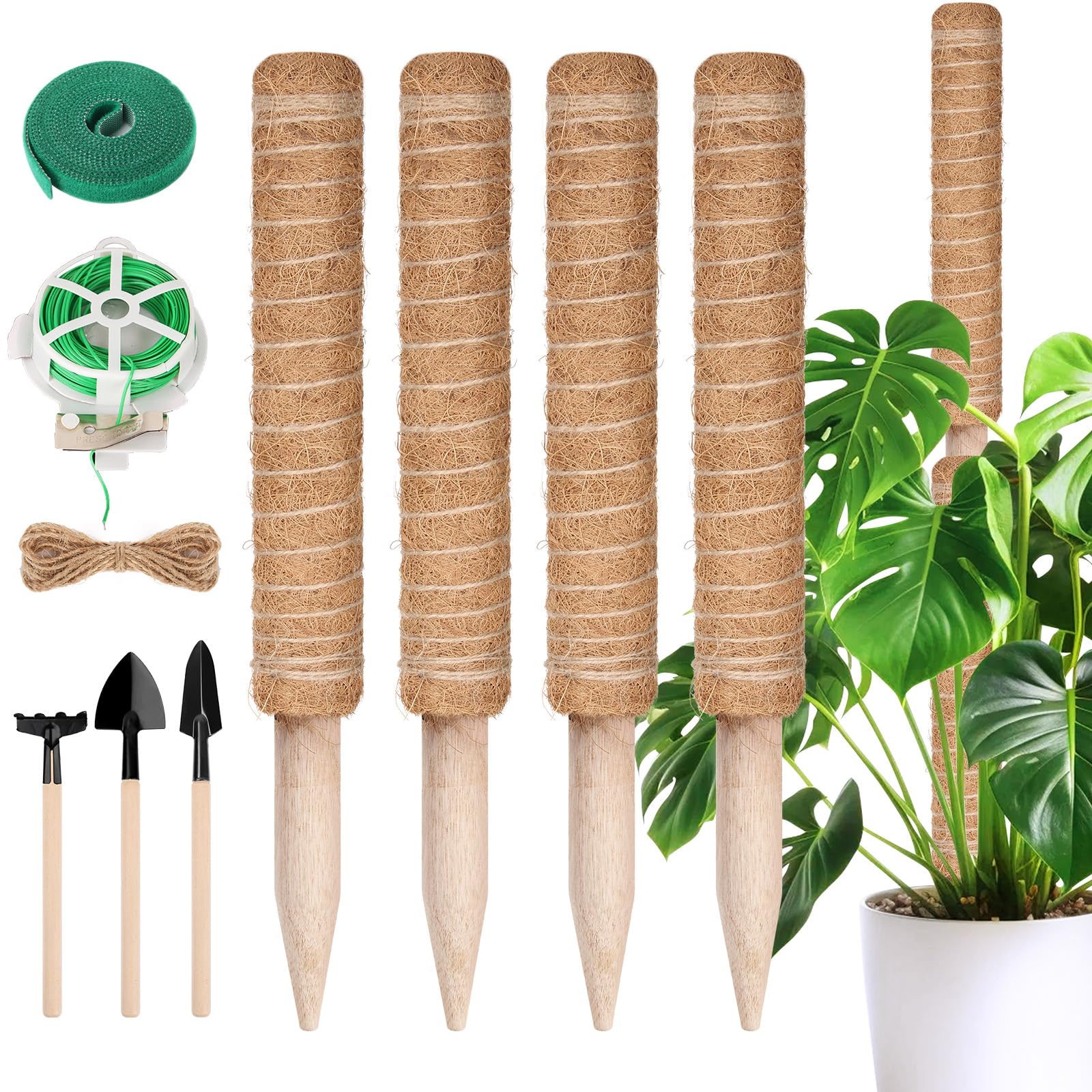 BELICOO Moss Pole 48 Inch 122cm, 4 PCS 41CM/16 Inch Stackable Plant Sticks Support, Moss Pole for Monstera & Cheese, with Gardening Tools, Twine, Velcro & 20M Ties, Plant Supports for Indoor Plants