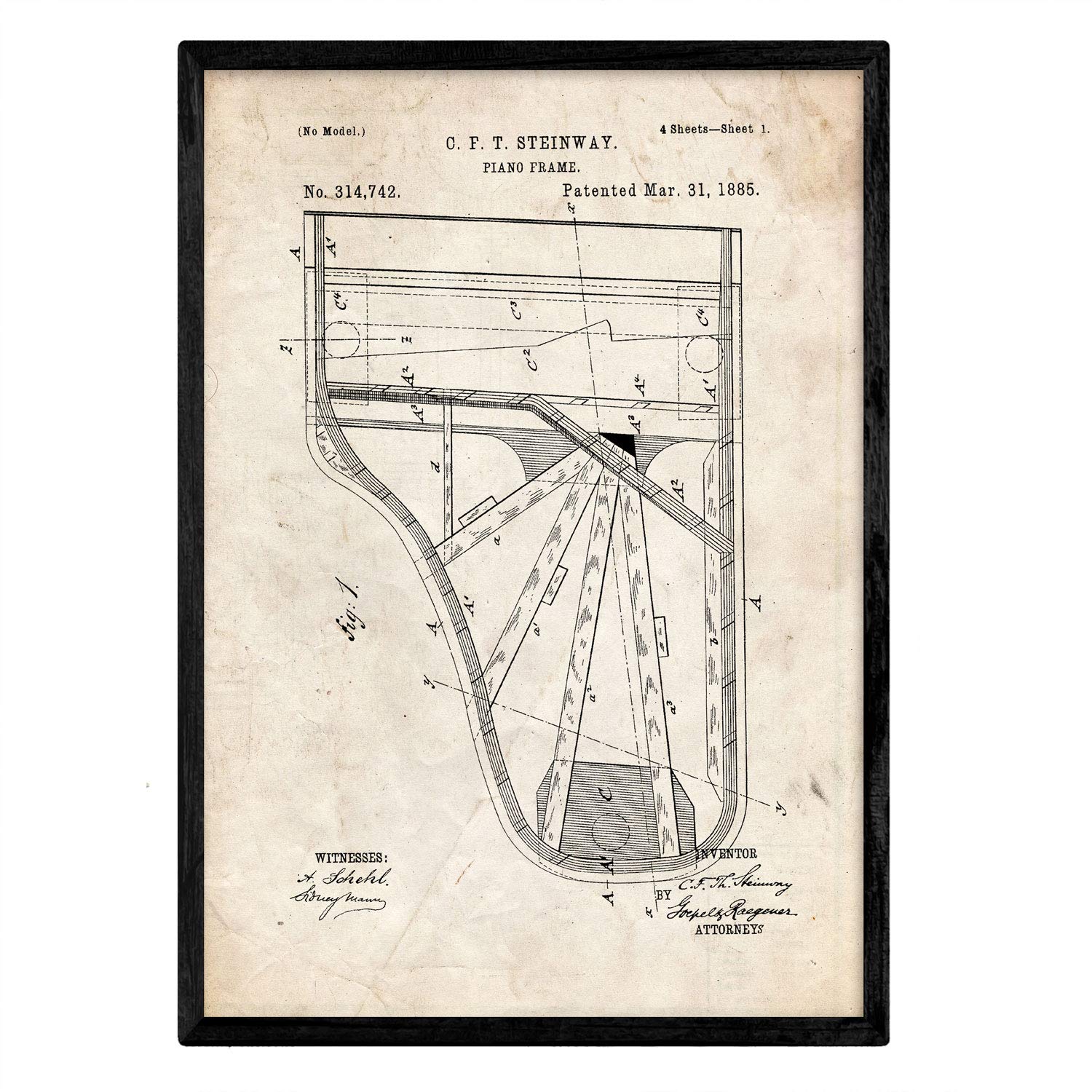 Nacnic Poster patent Piano. Sheet with old design patent in A3 size and vintage background — image 1