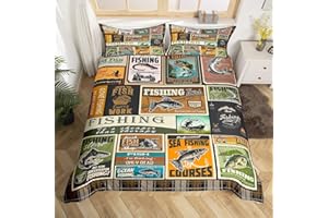 jejeloiu Fish Comforter Cover Set Vintage Fish Stamp Pattern Bedding Set for Boys Girls Children Fishing and Hunting Brown Green Bedding Duvet Cover Set Room Decor Full Size with 2 Pillow Case