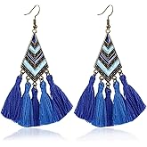 Teppdfann Blue Boho Tassel Earrings for Women - Long Layered Fringe Dangle Earrings with Geometric Pattern, Lightweight Vacation Boho Jewelry for Gift