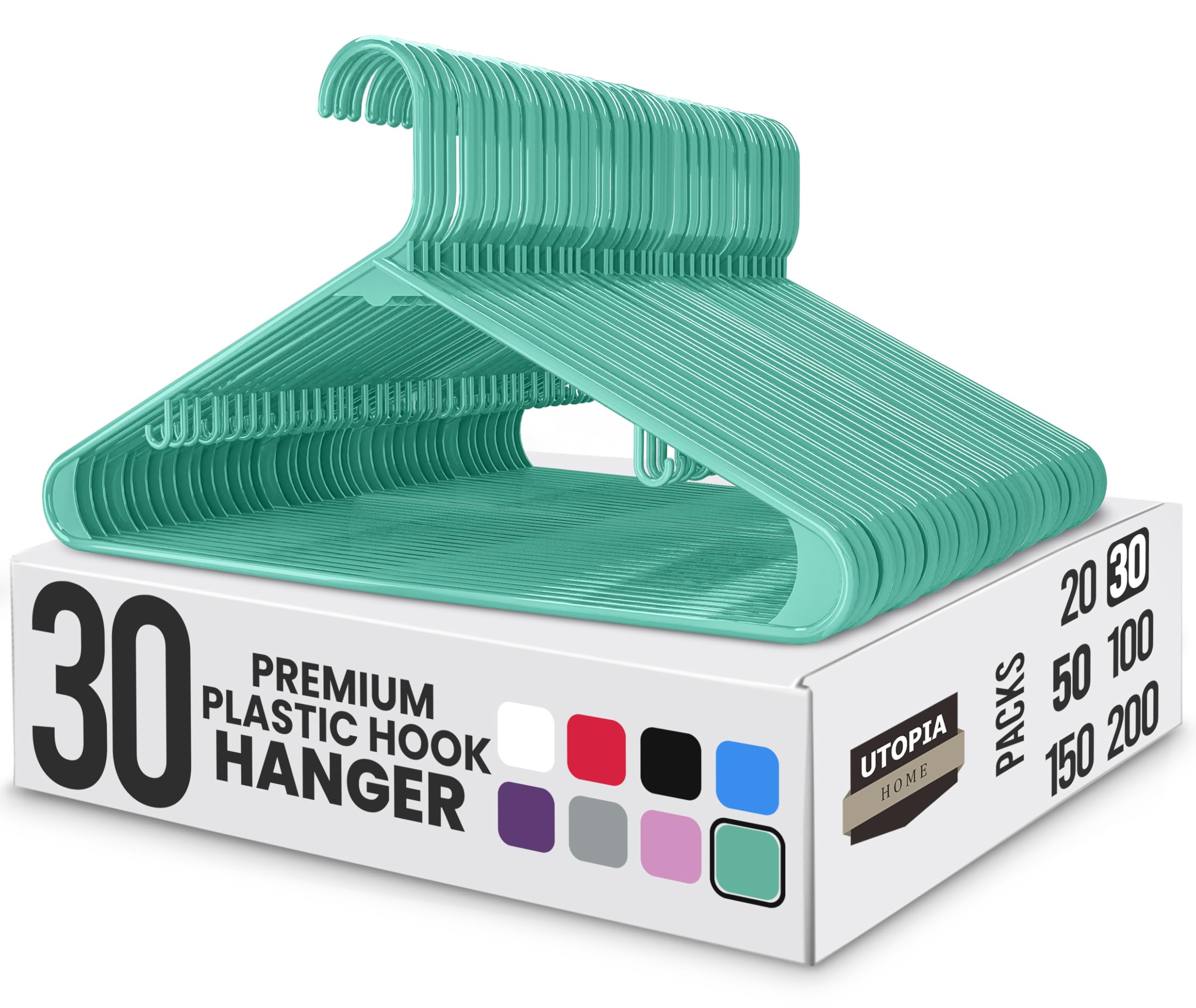 Utopia Home Plastic Hangers 150 Pack - Clothes Hanger with Hooks - Durable & Space Saving (Aqua)