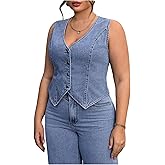 WDIRARA Women's Plus Size V Neck Vest Denim Jacket Button Down Sleeveless Jean Waistcoat