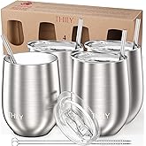 THILY Metal Insulated Stemless Wine Glasses 4 Pack Stainless Steel Wine Tumbler with Lid and Straw, Travel Cup Set, Reusable, Keep Cold & Hot for Wine, Coffee, Drinks, Silver
