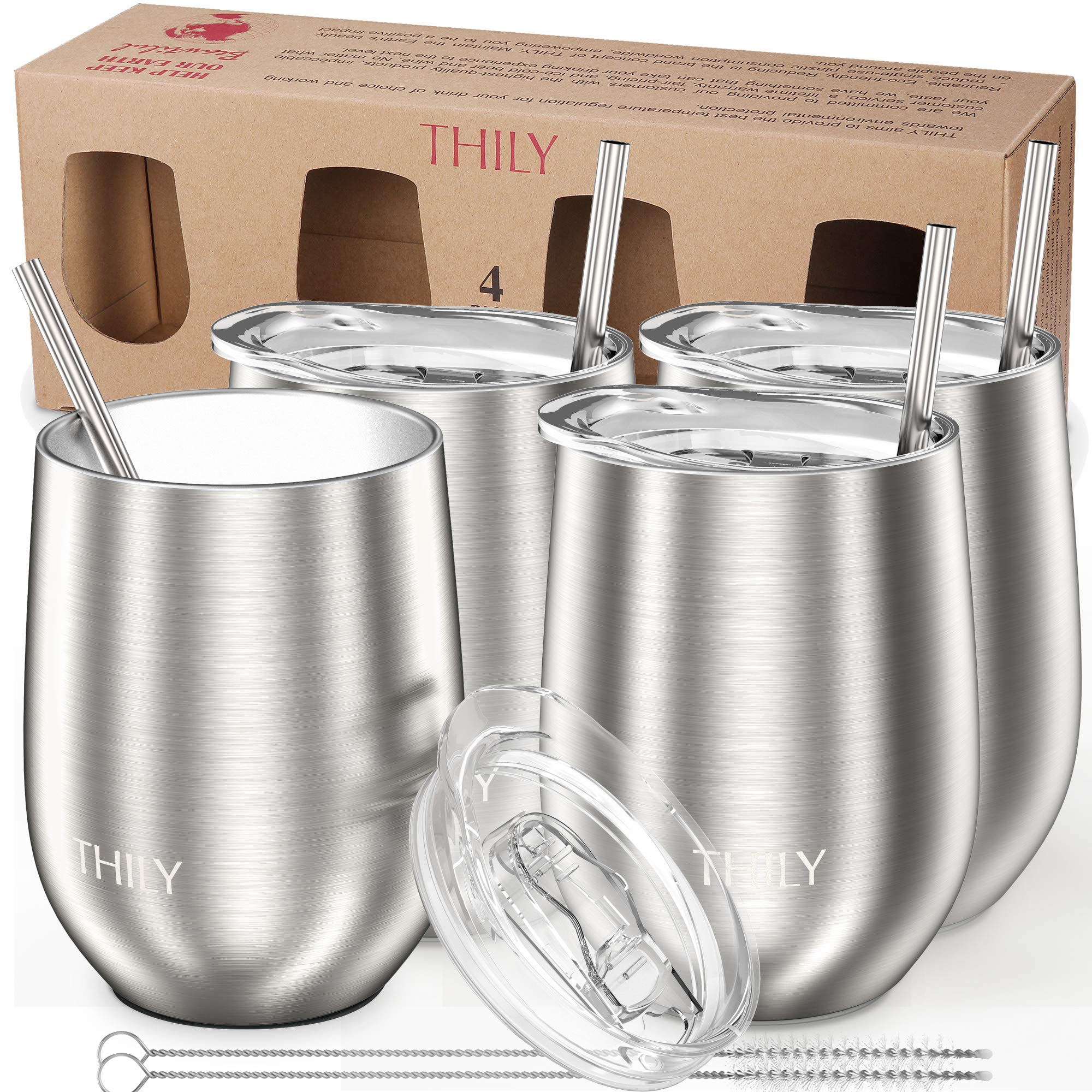 Metal Insulated Stemless Wine Glasses - THILY 4 Pack Stainless Steel Wine Tumbler with Lid and Straw, Travel Cup Set, Reusable, Keep Cold & Hot for Wine, Coffee, Drinks, Silver