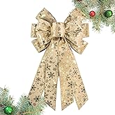 Habbiful Large Christmas Bow for Wreath, Christmas Wreath Bows for Front Door Wall Fence Decor Gold Snowflake Tree Topper Bow for Holiday Party Home New Year Decoration