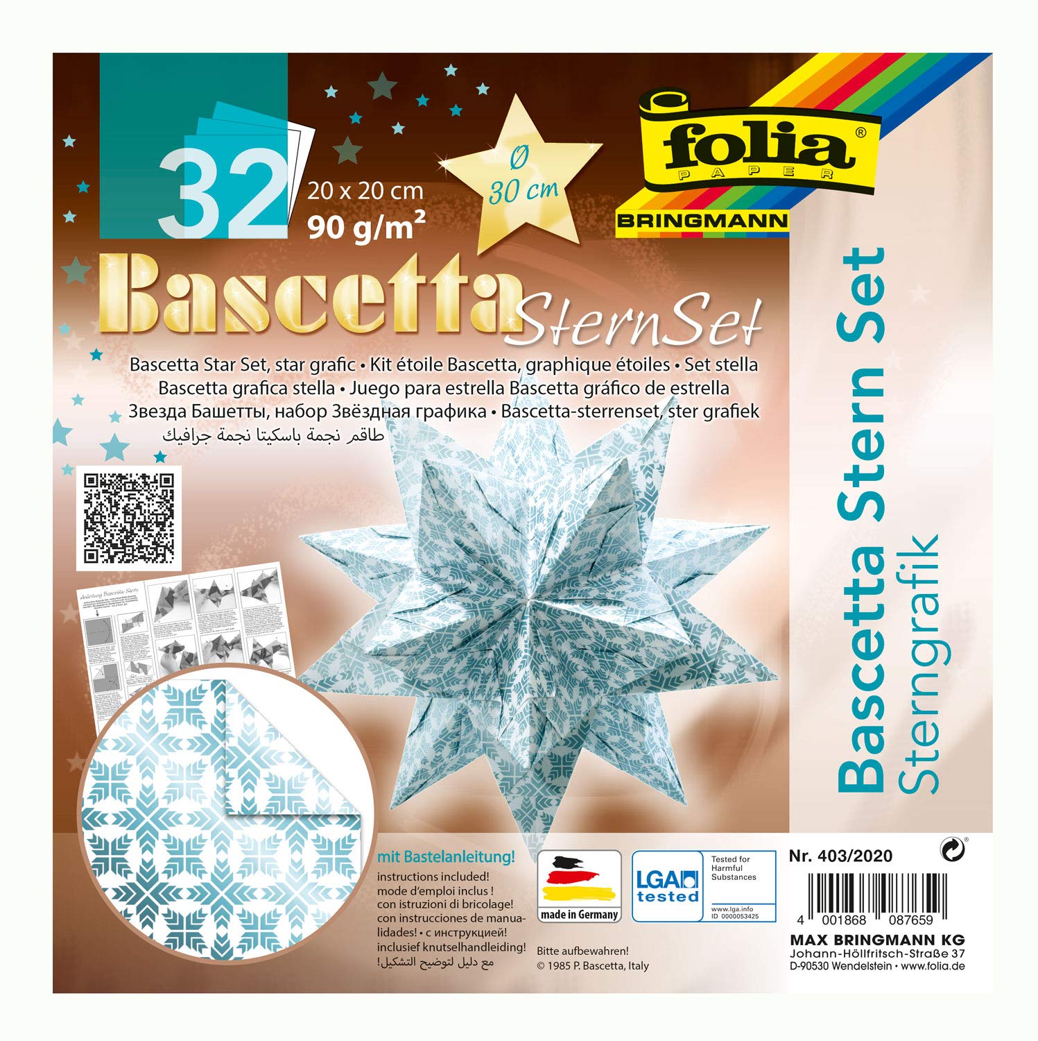 folia 403/2020 Craft Set Bascetta Star Graphic White/Ice Blue, 32 Sheets, 20 x 20 cm, Finished Size of Paper Star Approx. 30 cm, with Detailed Instructions (English language not guaranteed), Ideal for