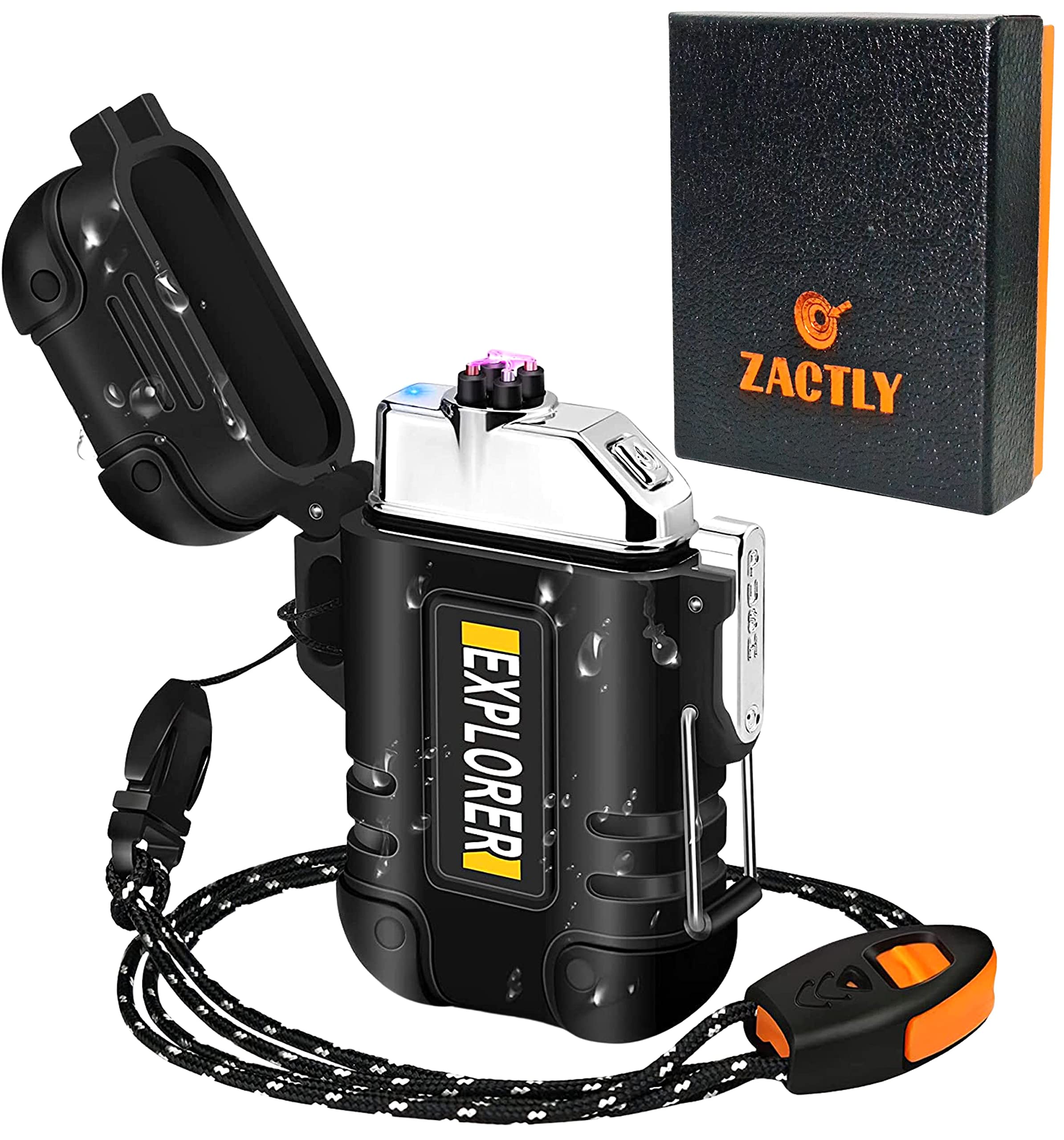 Zactly MODEL AL03 Electric Dual Arc USB Lighter Multifunction Waterproof Windproof Dustproof Rechargeable Flameless with Lanyard & Emergency Whistle, Kitchen, Camping & Outdoor Survival Tool (Black)