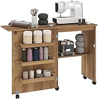 HOMCOM Folding Sewing Table, Rolling Sewing Machine Cabinet, Multipurpose Craft Table with Storage Shelf, Bins and Lockable W