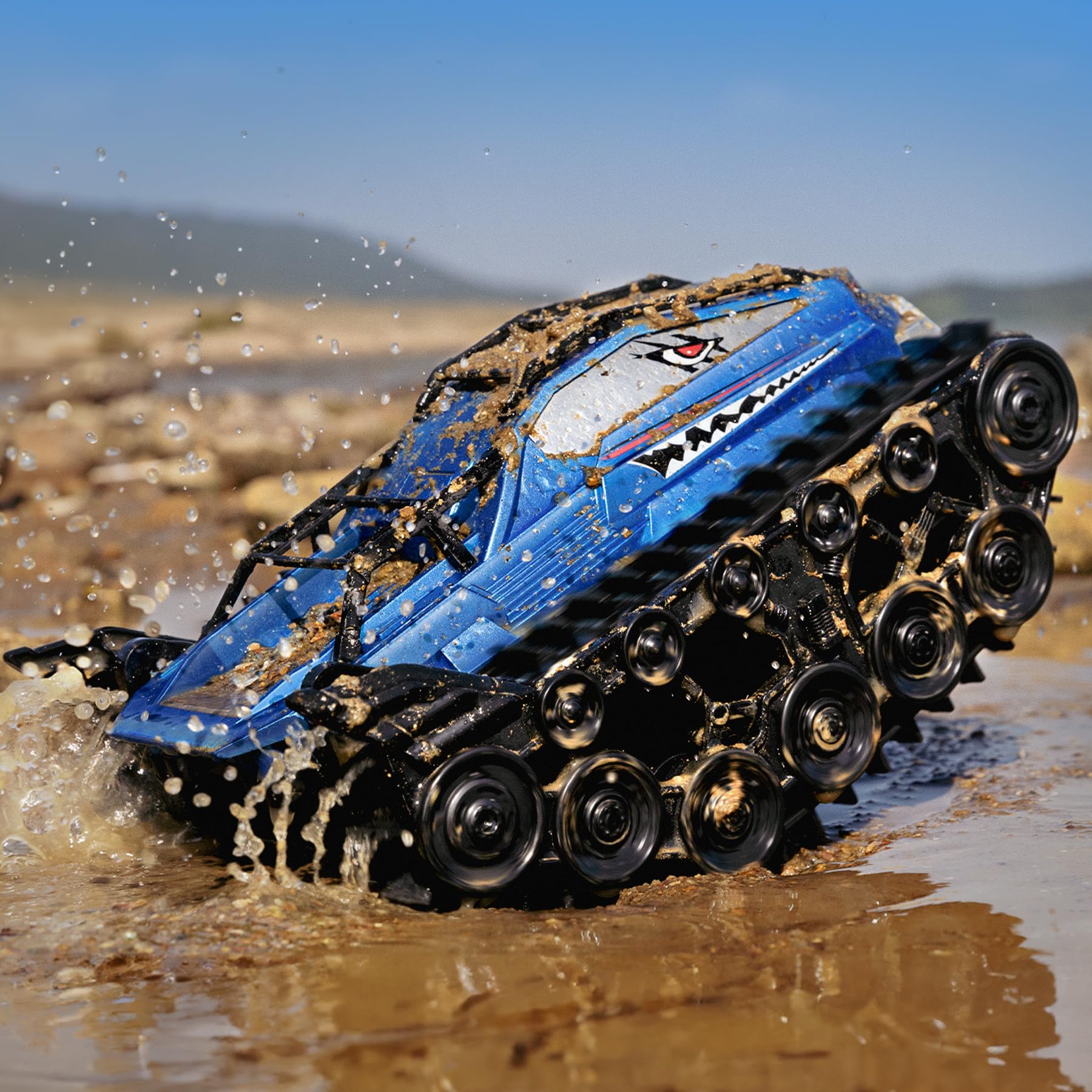 Photo 1 of Ruko 1604 Amphibious Remote Control Car, Waterproof Shark Monster Truck, 360° Rotating Tank, Full Throttle, Cool Tricks Track Toys for Age 6 7 8 9 10 Year Old Boys Girls Birthday Gifts, Blue