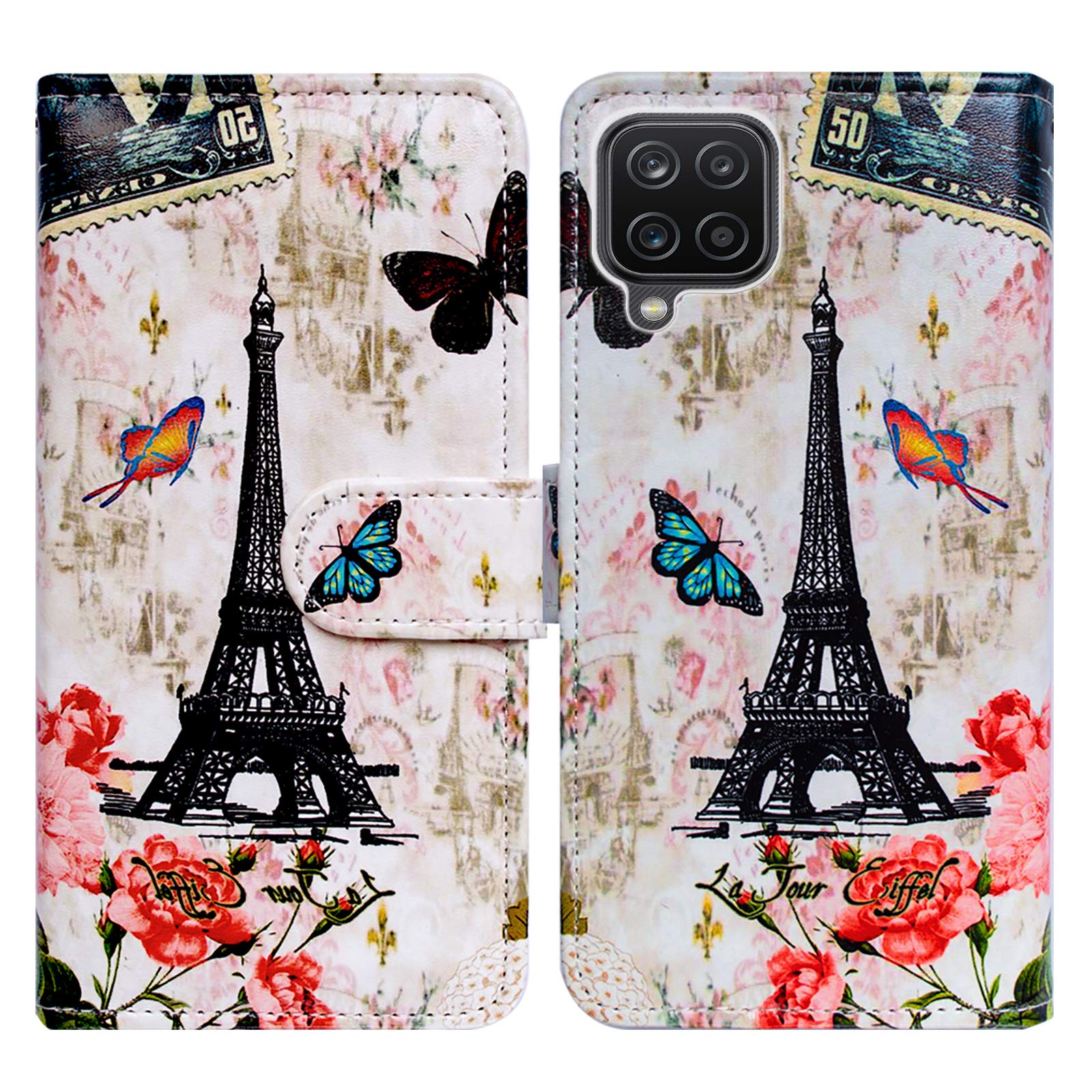 Bcov Galaxy A12 Case, Paris Tower Butterfly Leather Flip Phone Case Wallet Cover with Card Slot Holder Kickstand For Samsung Galaxy A12 2021