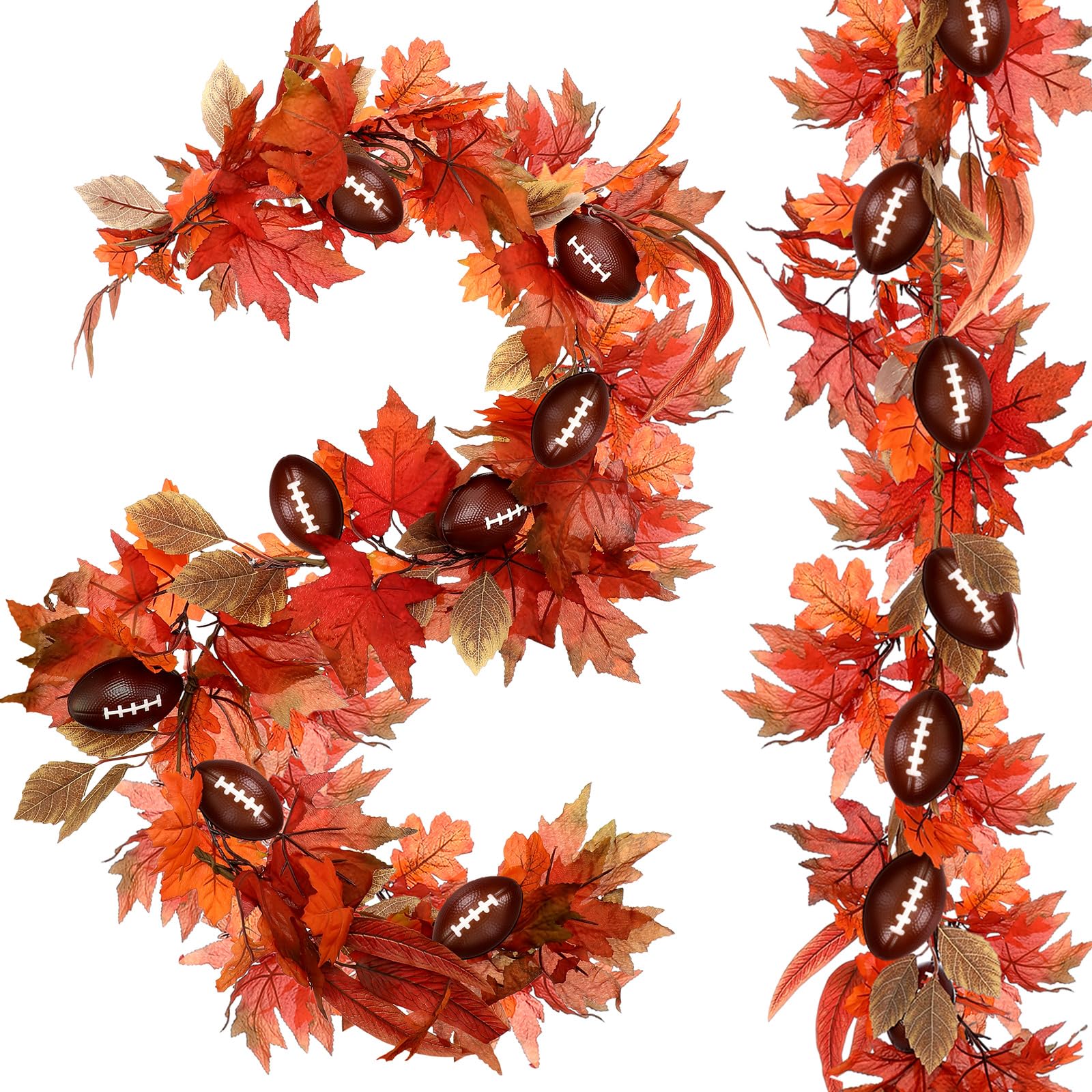 Photo 1 of Zeyune 1 Pcs 6ft Long Fall Footballs Decor Artificial Garland Autumn Mixed Maple Leaves Garland Farmhouse Hanging Rustic Fall Wreath Decor for Front Door Kitchen Fireplace Home Indoor Outdoor