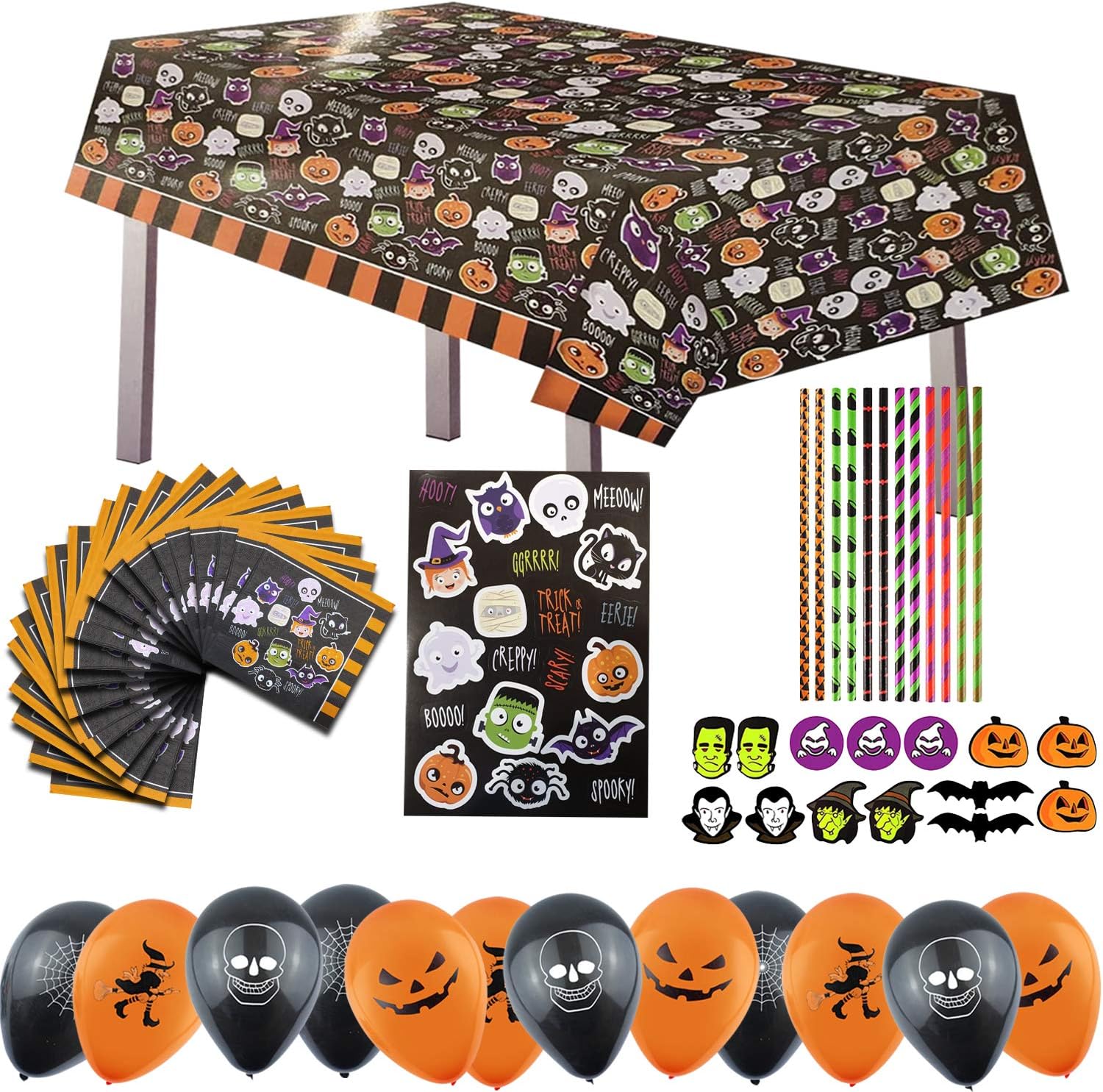 scary stuff Halloween Party Decorations with 15 Orange & Black Balloons, Table Cloth, Napkins & Paper Straws