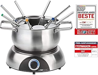 Clatronic FD 3516 / Fonduetopf aus Edelstahl für 8 Personen / Sandwichboden für optimale Wärmeverteilung / 8 Edelstahl Fonduegabeln, farblich markiert / Füllmenge max. 1,2 Liter / 1400 Watt