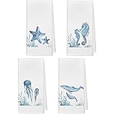 kunlisa Coastal Kitchen Hand Towels, Nautical Whale Seahors Decor,Jellyfish Starfish Kitchen Towels 16×24 Inch Set of 4,Nautical Dish Towel Tea Towel for Bathroom Decor