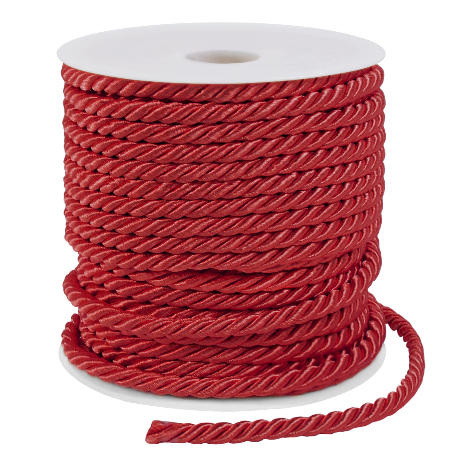 LEREATI Red Twisted Cord Rope 5mm x 25m, 3-Ply Polyester Cord Soft Craft Rope Satin Cord Trim, Decorative Twisted Macrame Cord for DIY Craft Curtain Tieback Honor Cord Gift Bags Home Decor