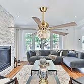 Gold Ceiling Fans with Lights and Remote 52 Inch Crystal Chandelier Ceiling Fan for Bedroom Living Room, Modern Lighting & Ce