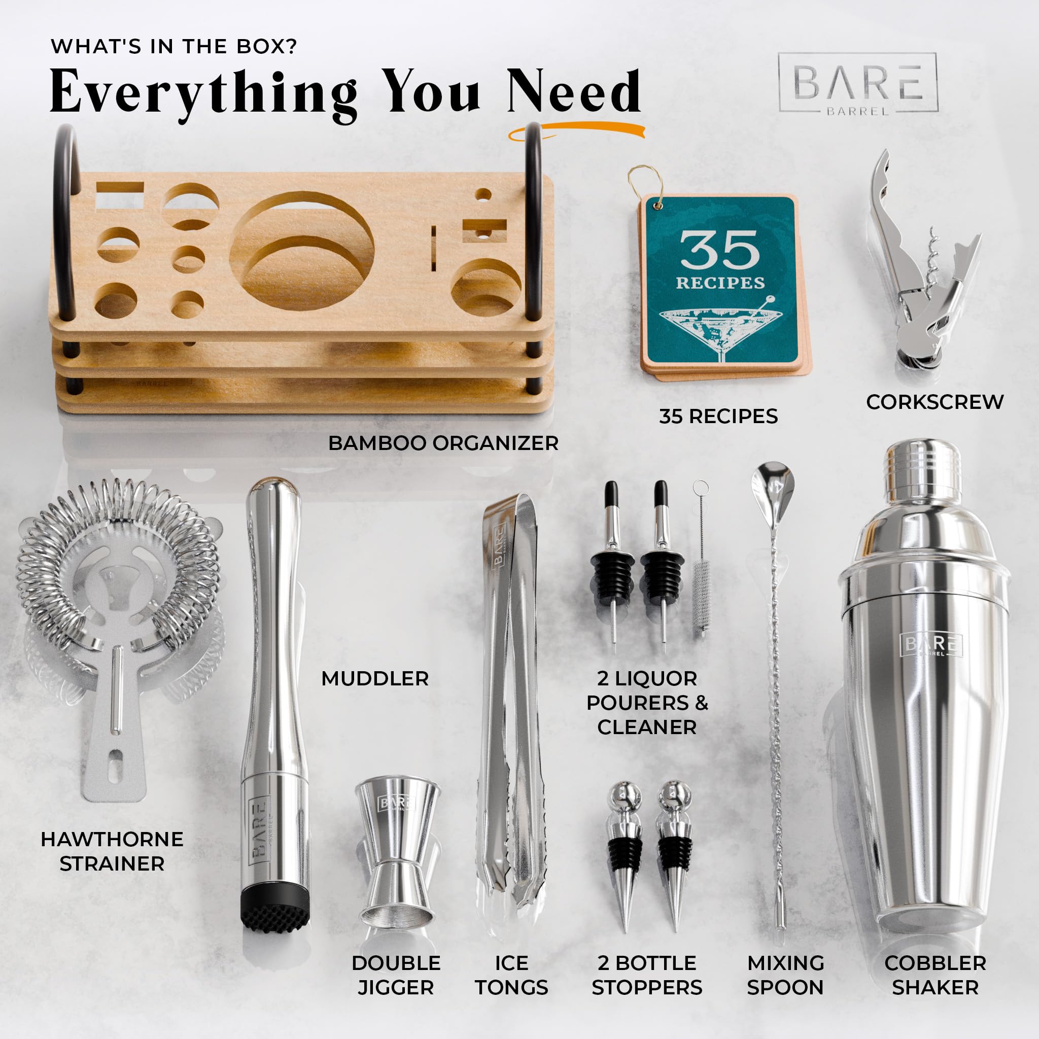 BARE BARREL® Mixology Bartender Kit Bar Set | 14-Piece Cocktail Shaker Set | Martini Barware Mixing Tools for Home Bartending | 35 Recipe Cards | Gift Set (24oz Cobbler Shaker, Silver/Natural)