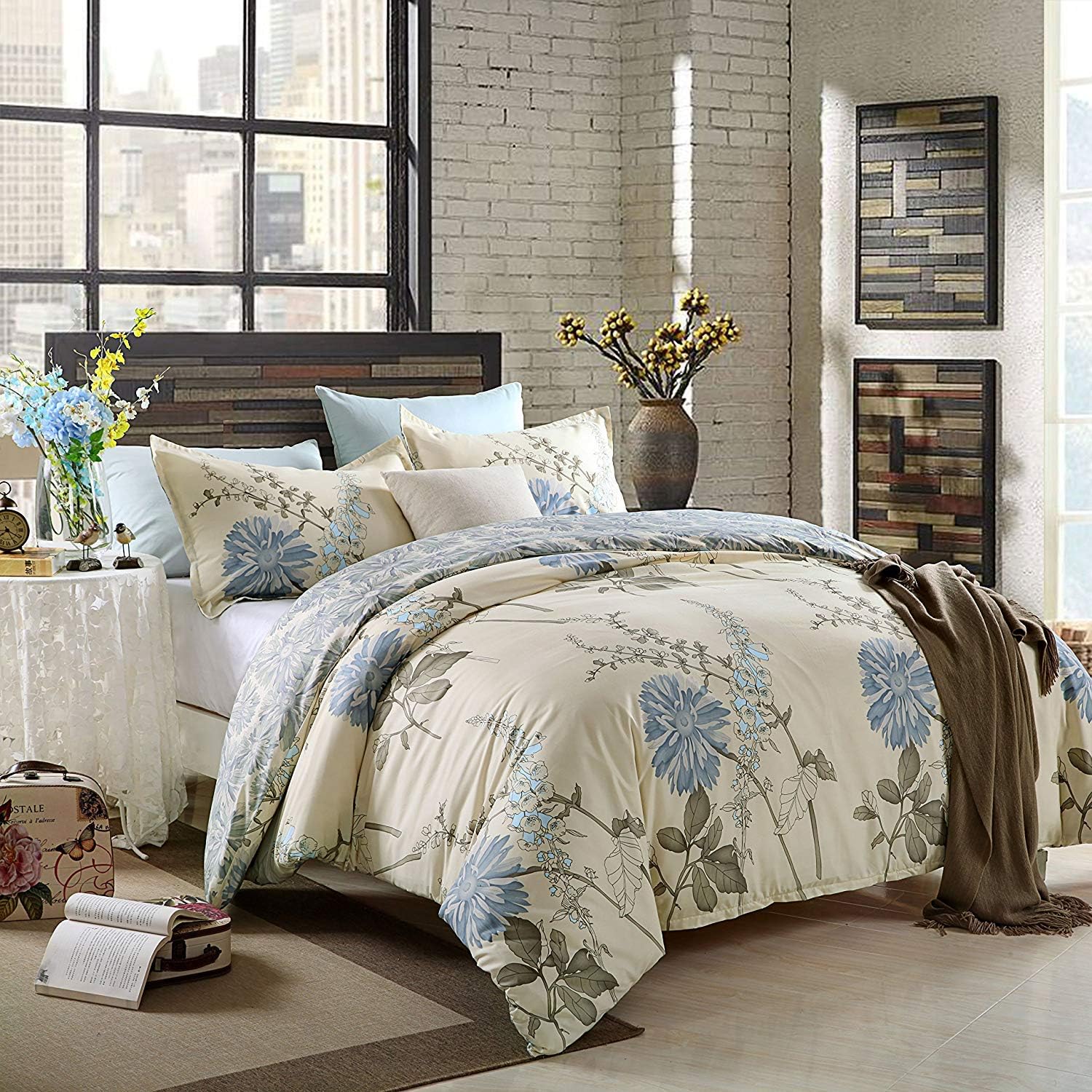 Floral Duvet Cover Home Flowers Jacquard Style Pure Cotton Retro Bedding Sets Size 3pcs (Full,1 Duvet Cover + 2 Pillow)