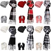 24 Pack Women Winter Hat Scarf Gloves Ear Warmer Set Beanie with Pom Plaid Scarf Touchscreen Gloves Earmuffs