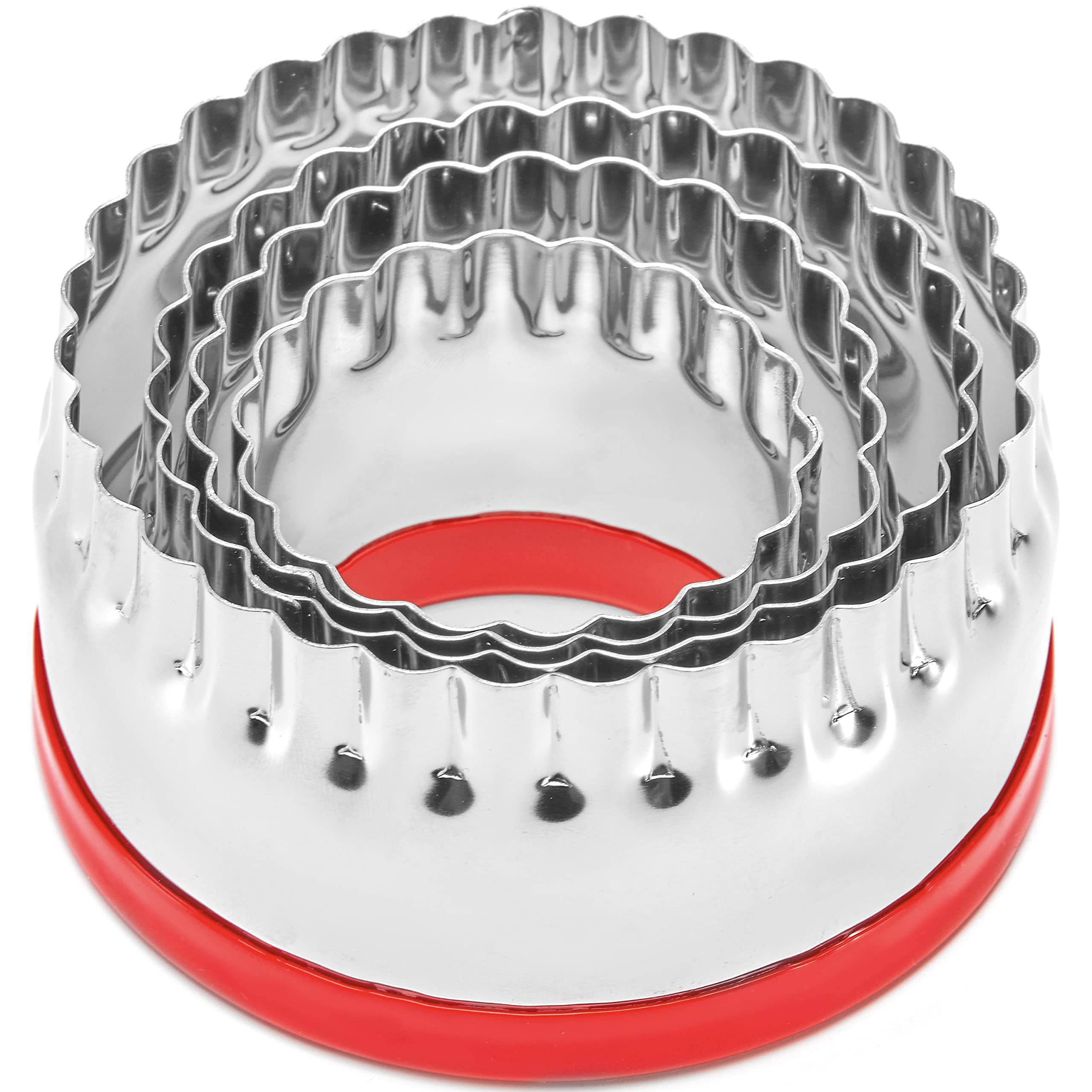 COOKIEQUE 4 Pieces Fluted Round Cookie Cutters, Ring Biscuit Cutters Set, Pastry Cutters for Scones, Unique Design Baking Tool with Protective Red PVC