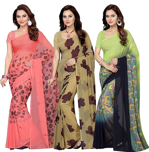 Combo of 3 Multicolor Poly Georgette Printed Women Saree/Sari