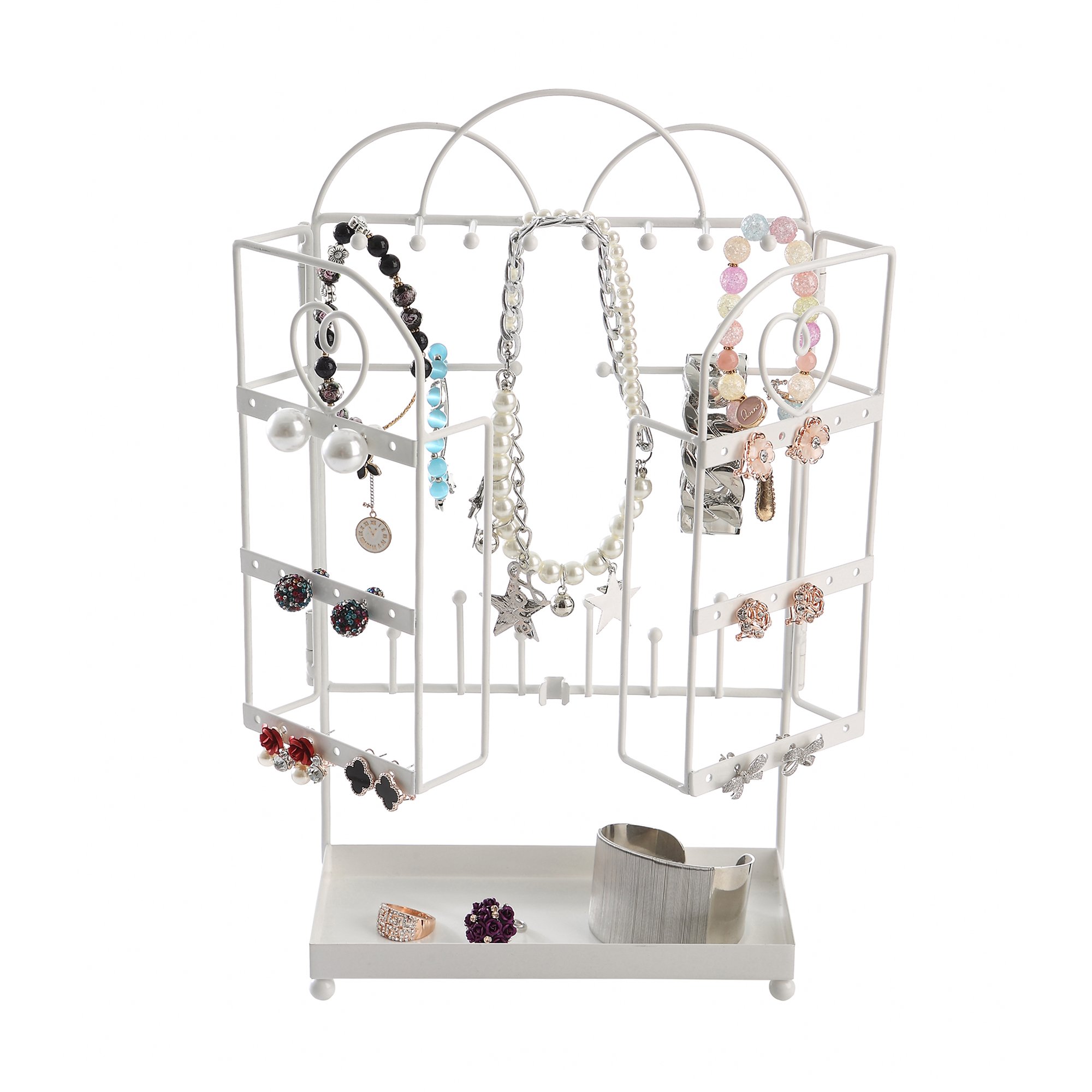 White Metal Foldable Jewelry Organizer Tree Rack for Bracelet, Earrings, Necklace w/ Ring Tray
