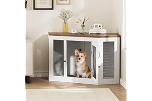 Xilingol Corner Dog Crate Furniture, Wooden Dog Kennel End Table with Mesh, Cage/House for Small Medium Large Dog, Decorative Pet Crate Indoor Use