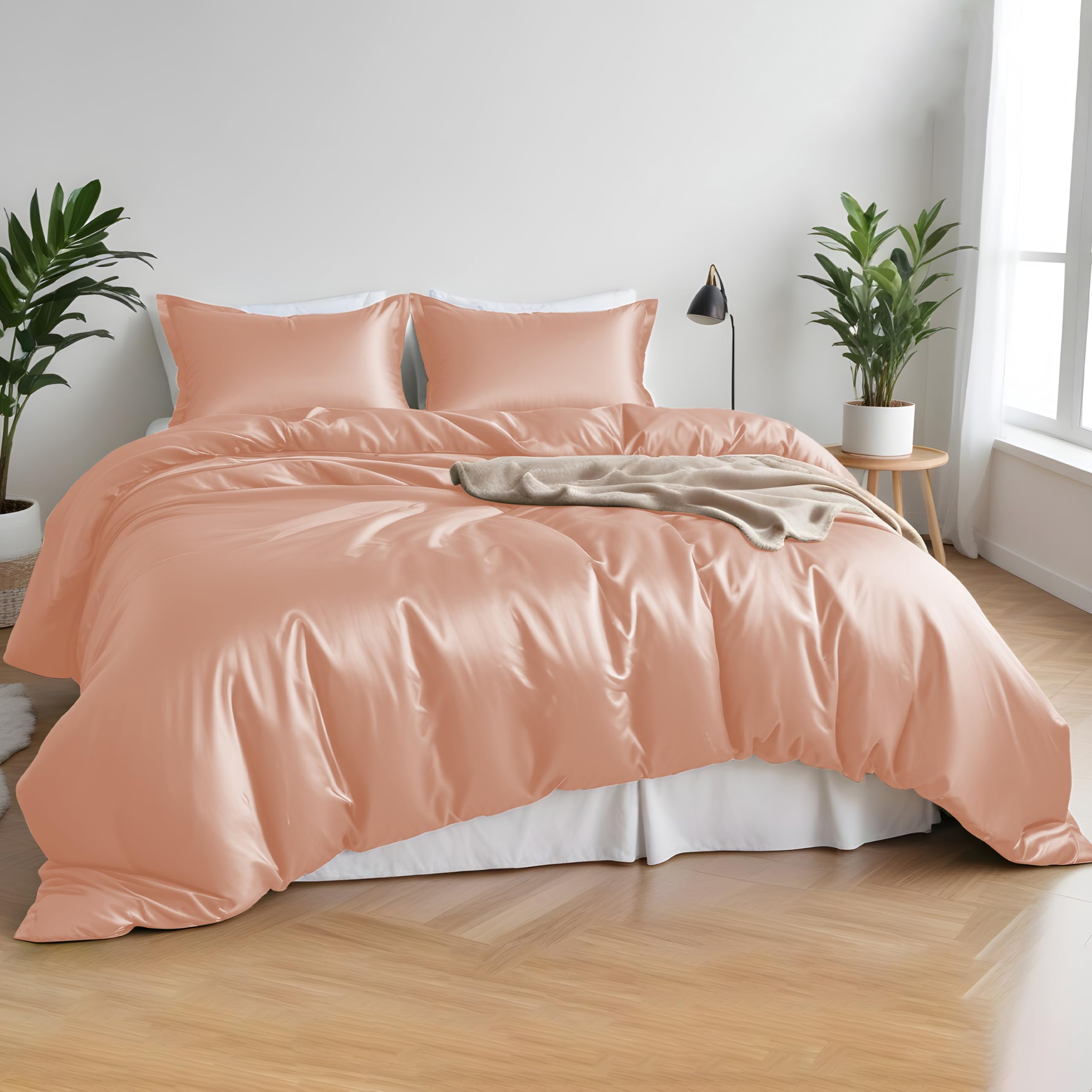 LINENWALAS 100% Organic Bamboo 4 Pcs Core Bedding Duvet Cover Set - 1 Duvet Cover, 1 Deep Pocket Fitted Sheet & 2 Pillowcases Soft Cooling Bedding Set Perfect for Hair & Skin (King, Peach Fuzz)
