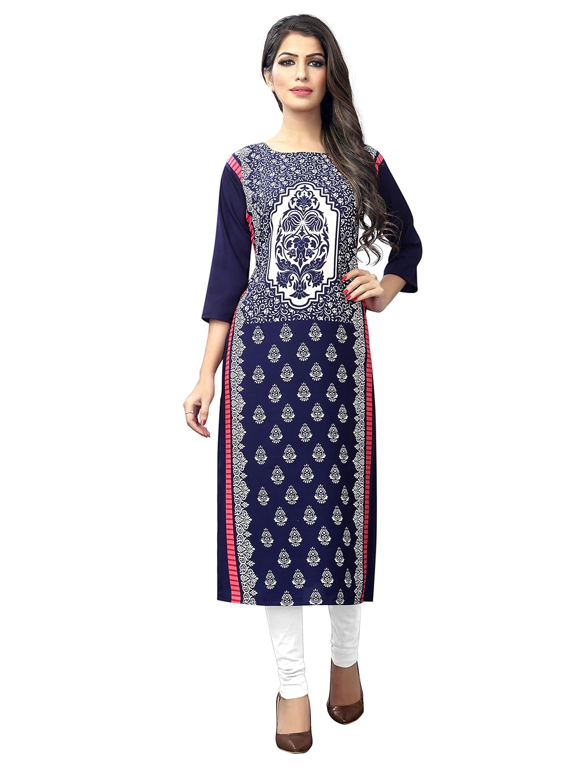 1 stop fashion women's blue-coloured crep knee long w style kurtas/kurti