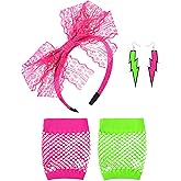 Blulu 80s Accessories for Women Lace Headband Neon Earrings Fishnet Gloves for 80s Retro Party Fancy Dress Masquerade
