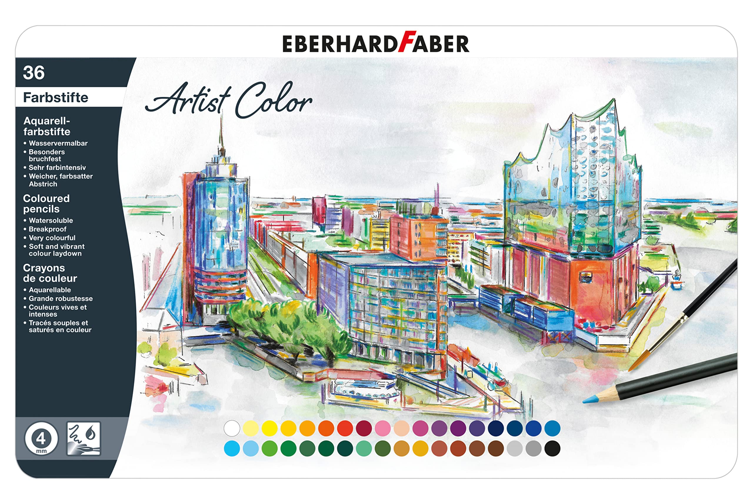 Eberhard Faber Artist Color Watercolour Pencils - Tin, Set of 36