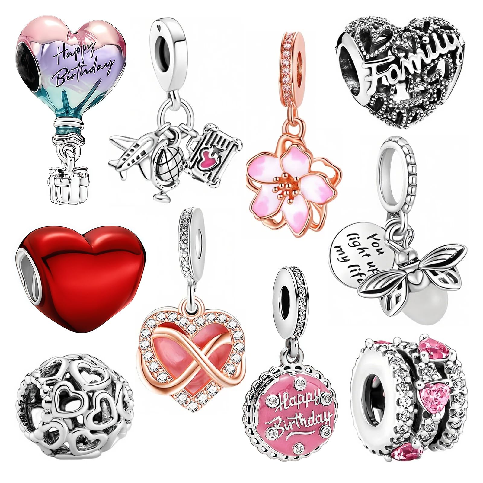 Photo 1 of 10 Pack Silver Bead Charms for Pandora Bracelets and Necklaces, CZ Pendant Jewelry Charm Set for Women