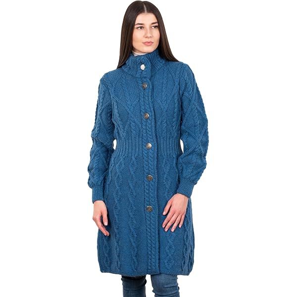 SAOL Ladies 100% Merino Wool Irish Cardigan – Long Open Knit Sweater With Pockets, Navy