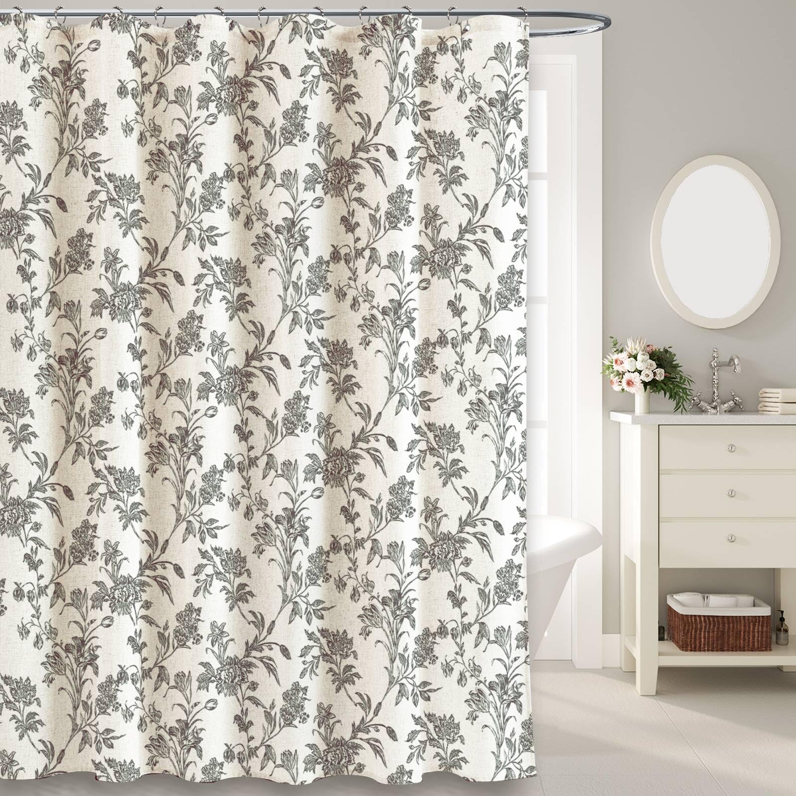 Photo 1 of WOUVMA Black Shower Curtain Floral Cotton Linen Cottagecore Shower Curtain for Bathroom 72" W x 78" L