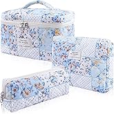 Hatende 3Pcs Cotton Quilted Makeup Bag Set,Large Floral Cosmetic Bag,Aesthetic Toiletry Travel Makeup Bag Set and Cute Flower Bag for Women Girls(Blue Spliced Flower)